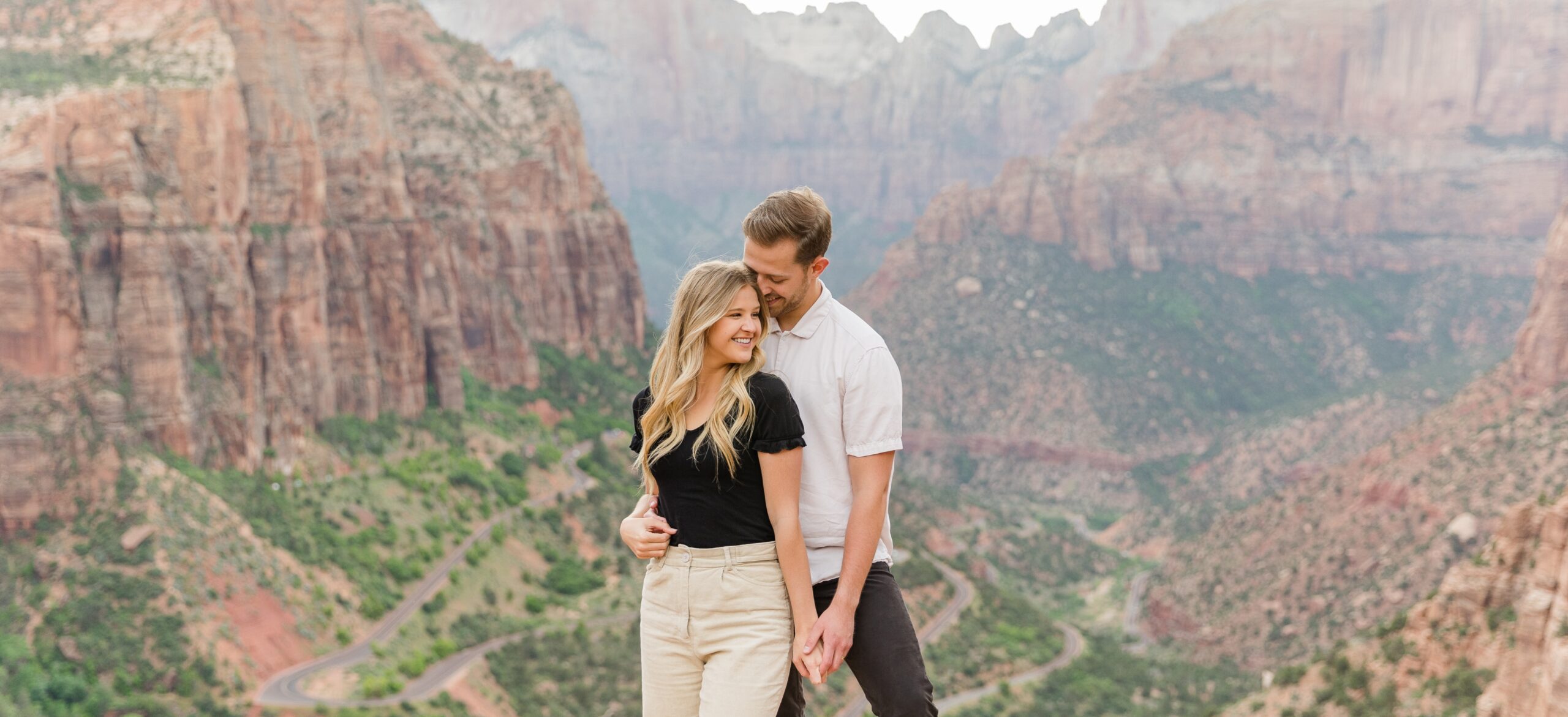 Zion canyon overlook portrait session, Southern Utah engagement session with red rocks