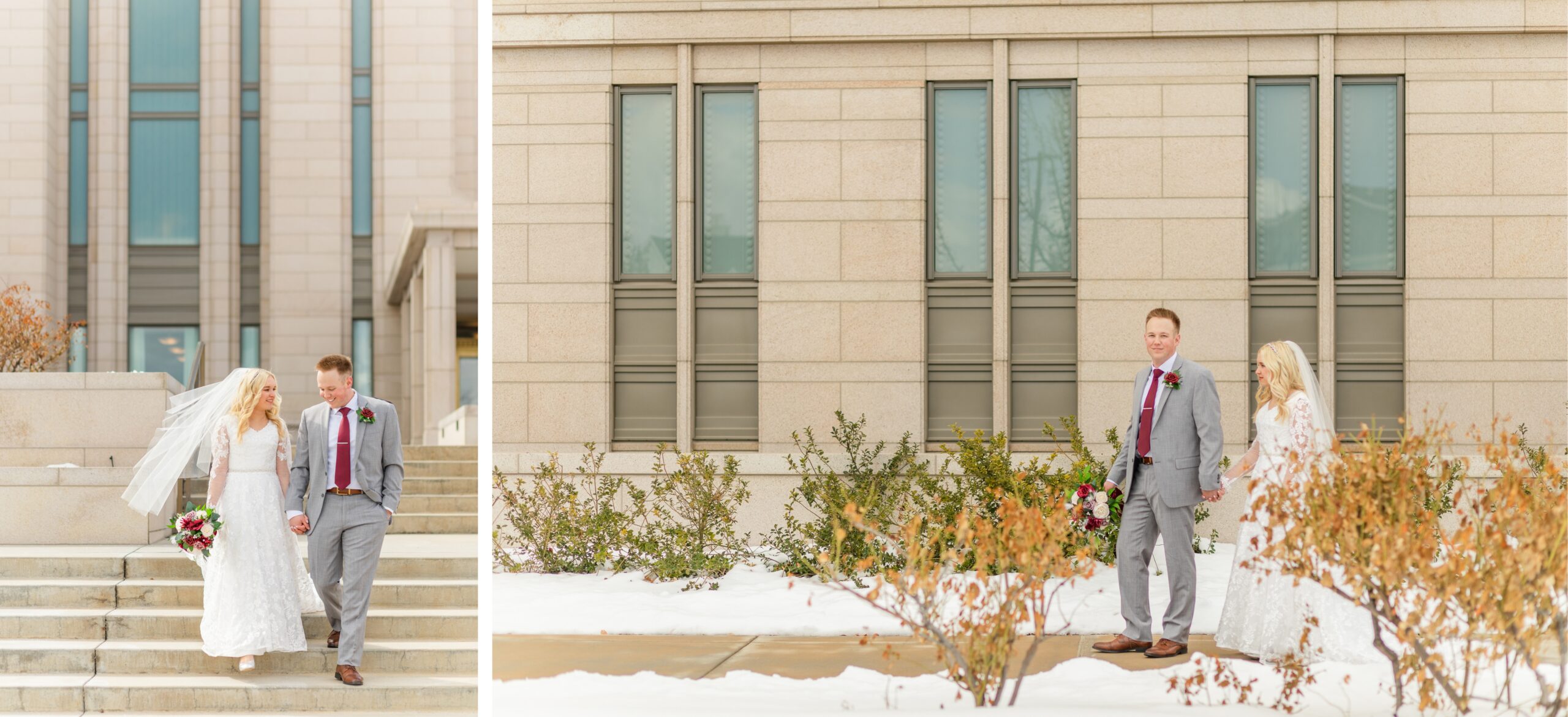 bride and groom outside oquirrh mountain temple