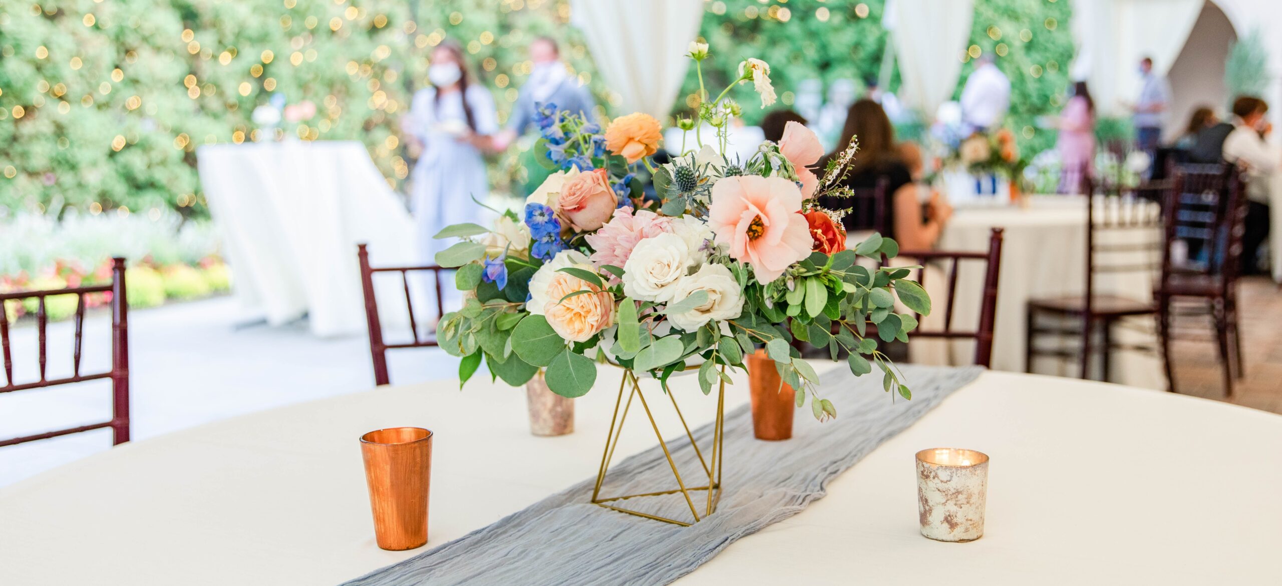 wedding reception details, geometric floral centerpiece
