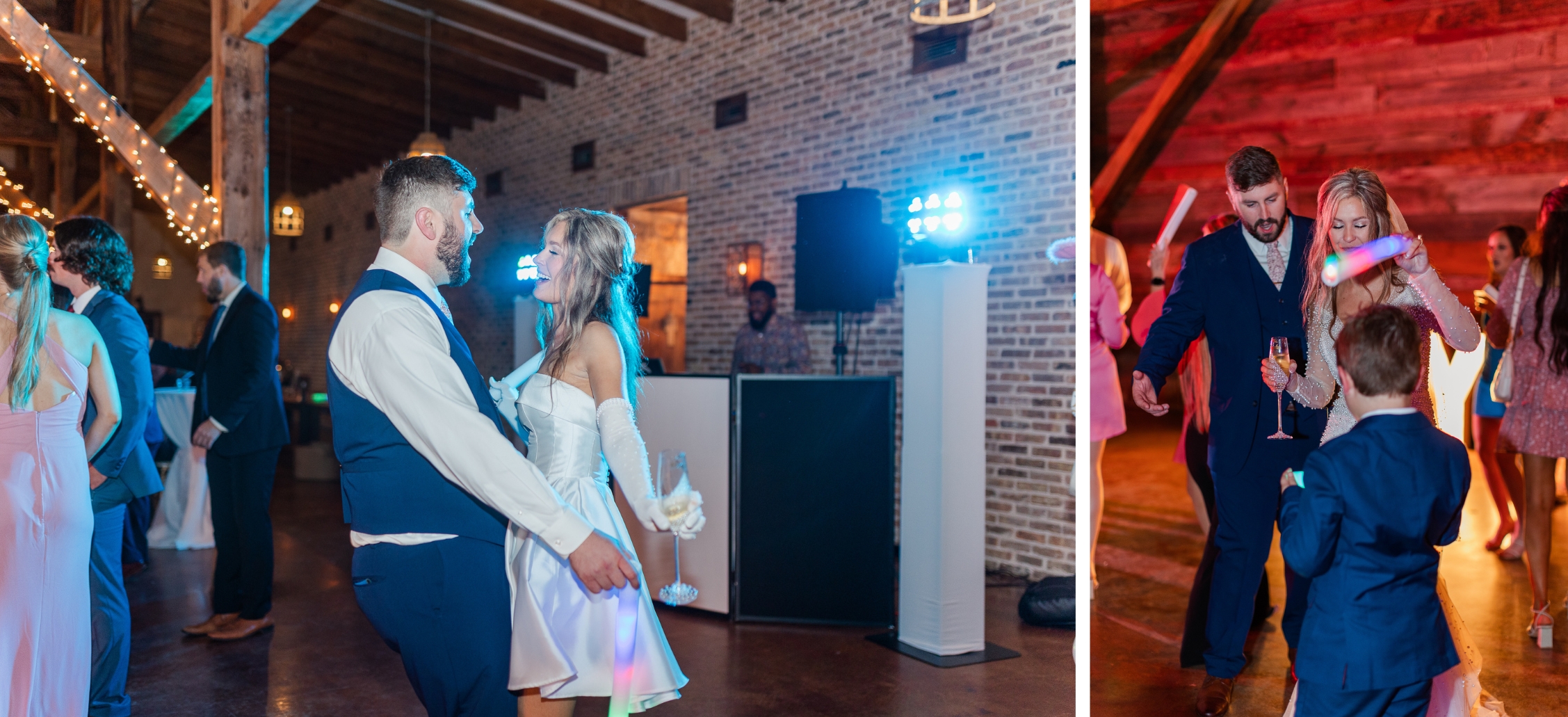 bride and groom party dancing glow wands
