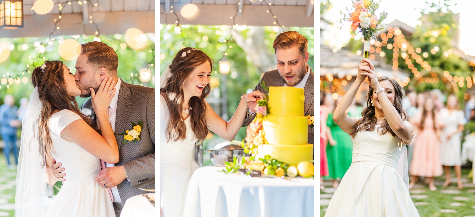 cake cutting under gazebo with twinkle lights, bright colored wedding inspiration