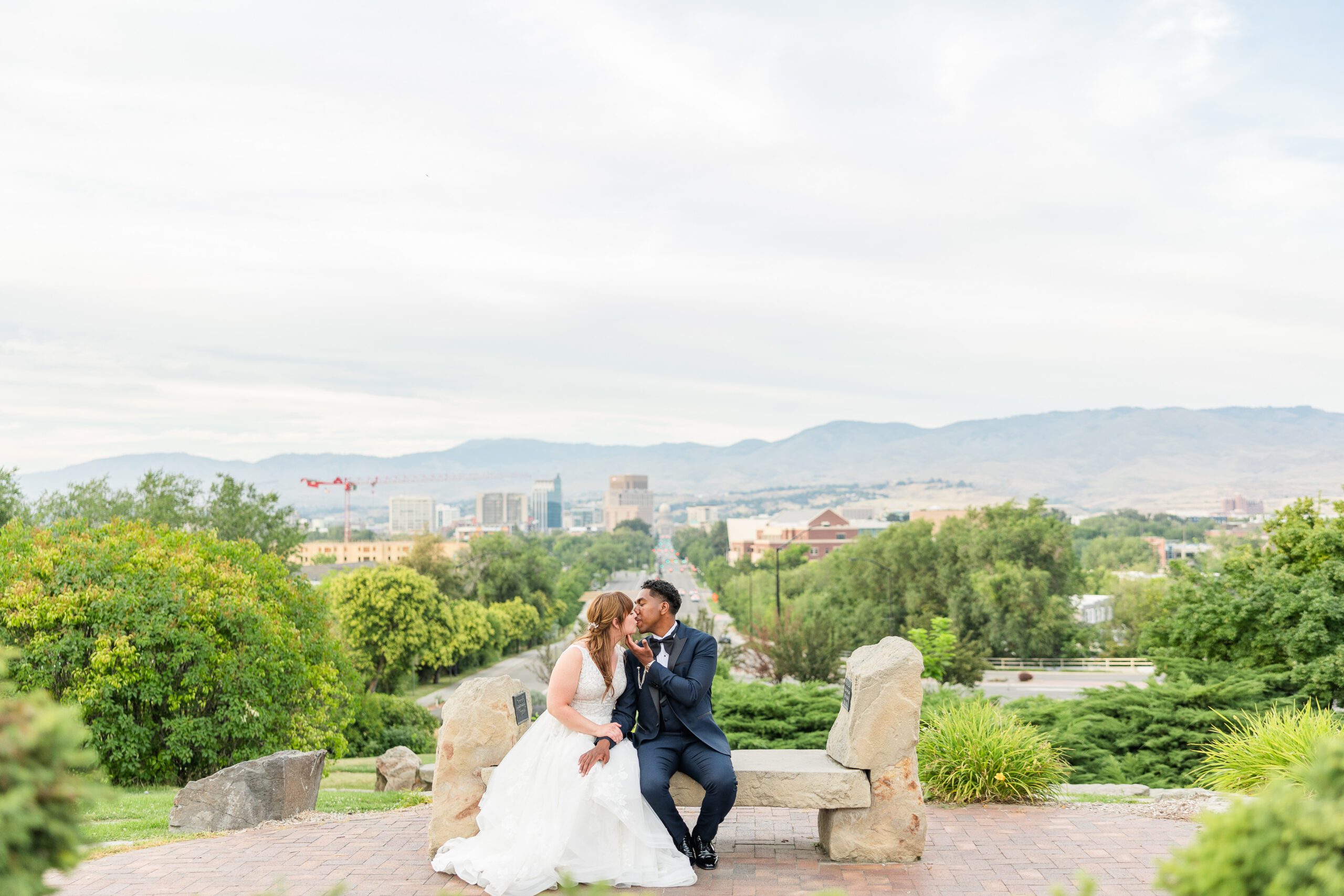 bride and groom portraits at the boise train depot overlooking the Boise valley